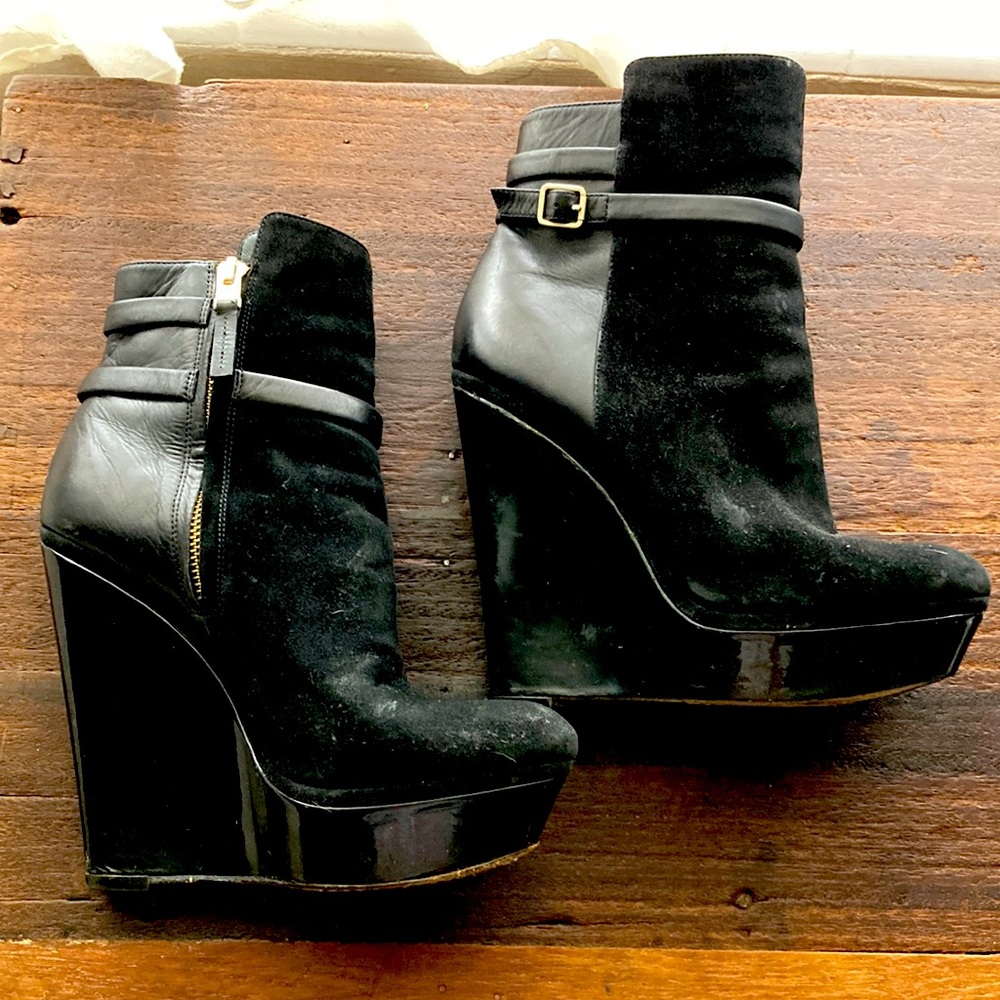 Brian Atwood Vertigo Black Leather Platform Boots Ankle Booties High Heel Wedges